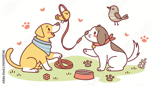 Happy dogs playing with bird toy, cartoon style, cheerful mood, pet illustration.