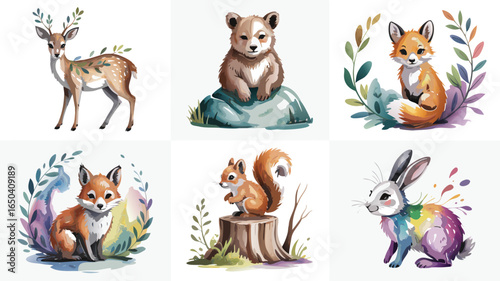 Watercolor Animals Deer with Leaves, Bear on Rock, Foxes with Florals, Squirrel on Stump, Rainbow Rabbit