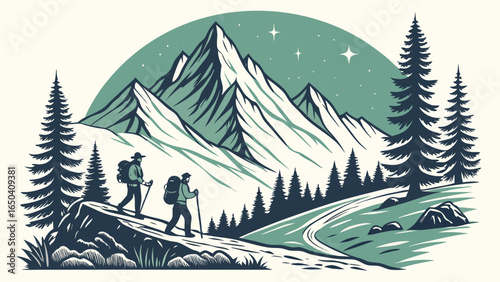 Retro Hiking Couple: Majestic Mountain Landscape, Starry Night, Vintage Style Illustration