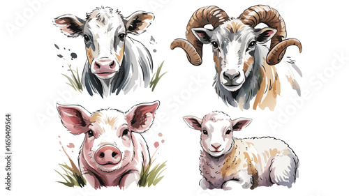 Watercolor Farm Animal Portraits Cow, Ram, Pig, and Lamb Illustration on White