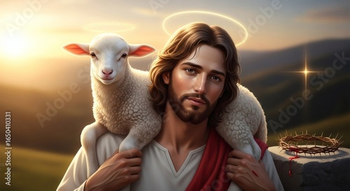 The savior's gentle embrace a lamb, serenity and divine connection