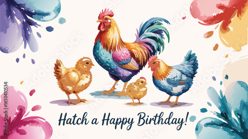 Watercolor Rooster with Hen and Chicks, Festive Birthday Greeting with Floral Decoration Background