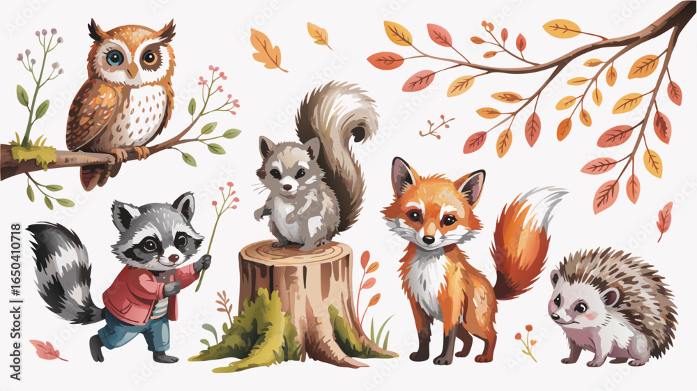 Obraz premium Watercolor Woodland Animals Featuring Owl, Raccoon, Squirrel, Fox, and Hedgehog Illustrations on a White Background
