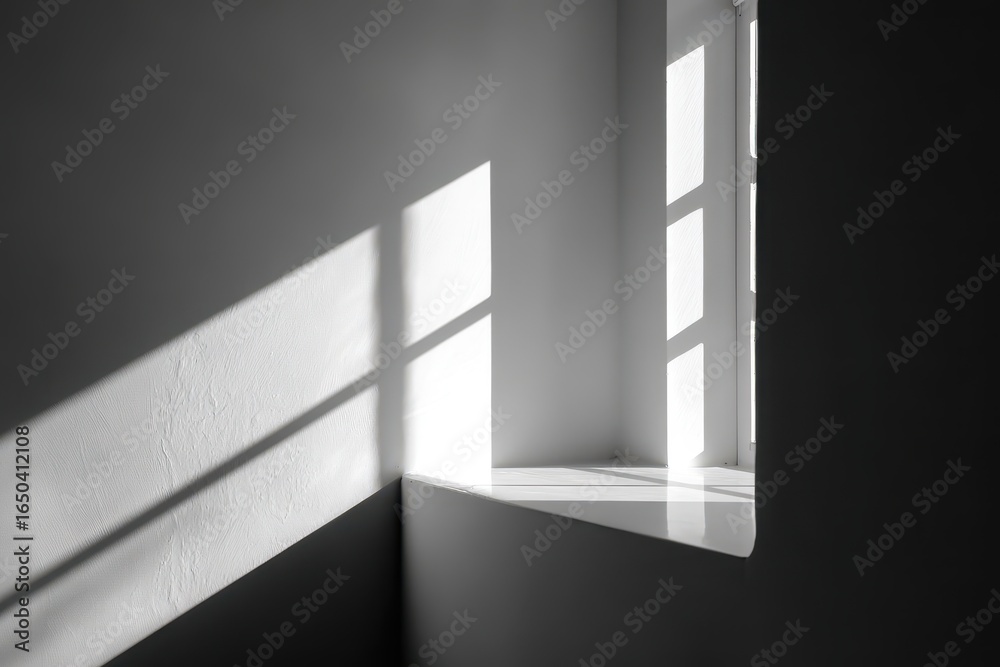 Obraz premium Light streaming through a window casts striking shadows on a white wall, creating a tranquil atmosphere in a sunlit room during the late afternoon hours