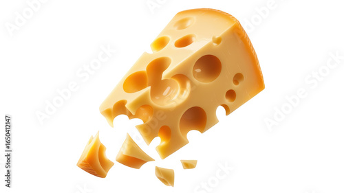 A wedge of swiss cheese with holes, isolated on transparent background