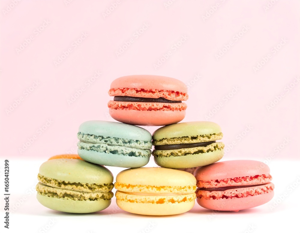 Colorful macarons stacked in a pyramid on a pastel pink background Colorful macarons stacked in a pyramid on a pastel pink background