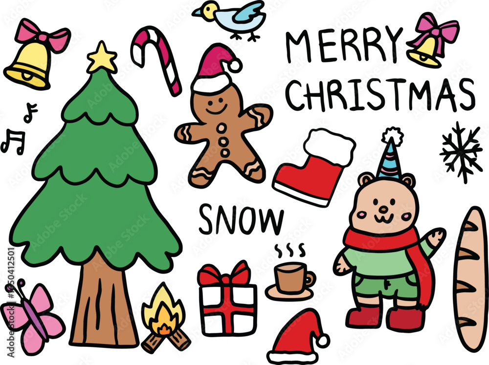 Naklejka premium Hand drawn Christmas illustrations of Christmas tree, gift box, candy cane, bell and red ribbon, gingerbread man cookie, Santa sock, bread loaf, teddy bear with red scarf, snowflake, camp fire, bird