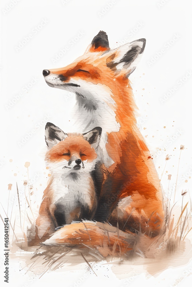 Obraz premium Red Fox Family: A heartwarming watercolor painting depicts a mother red fox and her playful cub, creating an artistic scene that captures the essence of familial love.