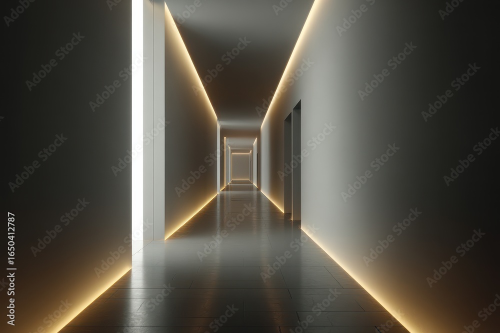 Obraz premium Modern minimalist corridor features sleek lines and warm illuminated edges, showcasing contemporary design with a tranquil atmosphere