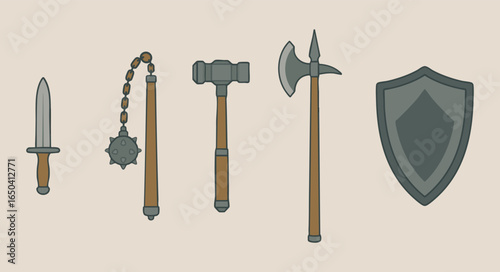 Medieval weapons lineup with flail spear axe and shield on pale ground