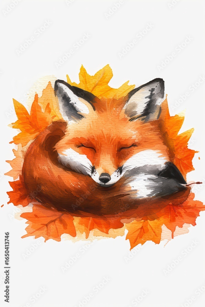 Fototapeta premium Autumn Fox Dreamscape: A charming fox, depicted in an artistic illustration, nestled amongst vibrant autumn leaves, creating a serene and whimsical scene that embodies the essence of fall.
