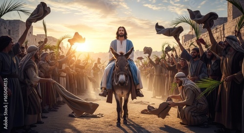 Jesus entrance, a vibrant crowd cheers for the son of God on a donkey