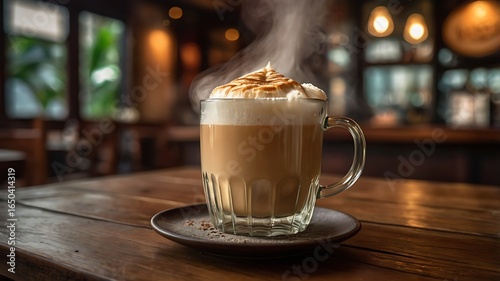 Frothy Malaysian teh tarik in a clear glass mug with steam, rustic wooden table and blurred café background, photorealistic.