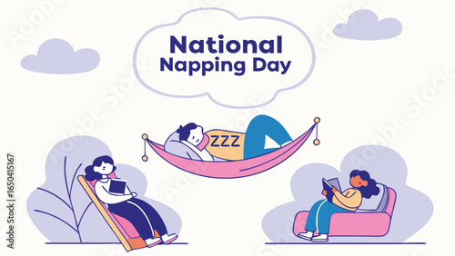 Relaxing National Napping Day Illustration: Cartoon People Resting, Hammock, Chairs, Books