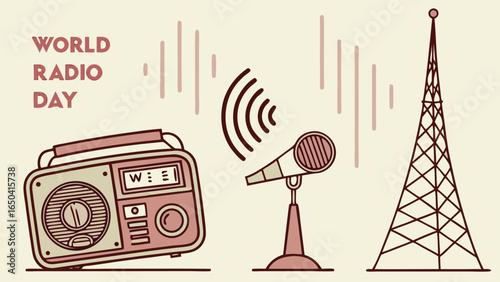 Retro Radio Broadcast Illustration: Vintage Radio, Microphone, and Transmission Tower