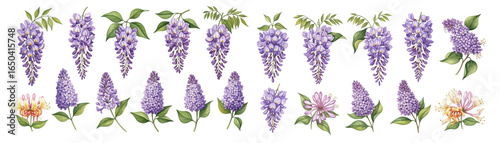 A vibrant collection of purple wisteria flowers adorned with lush green leaves.