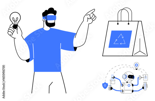 Man wearing VR headset holds lightbulb, pointing to eco-friendly shopping bag and AI robot performing tasks. Ideal for innovation, sustainability, VR, AI, eco-consciousness, smart tech, simple flat