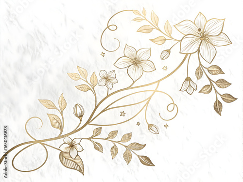 Elegant gold floral vine and leaf line art flower