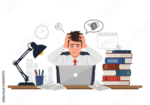 Flat illustration of stressed businessman holding head in frustration at messy office desk with laptop, books, papers, and deadlines, symbolizing workplace stress, anxiety, and burnout