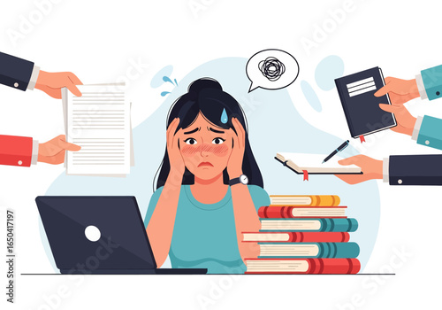 Flat illustration of stressed woman overwhelmed with office workload, holding head in frustration while surrounded by laptop, books, papers, and tasks, symbolizing job stress and burnout