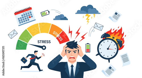 Flat illustration of stressed businessman with deadline pressure, burning clock, low energy, and stress meter, symbolizing workplace anxiety, burnout, overwork, mental health, and exhaustion