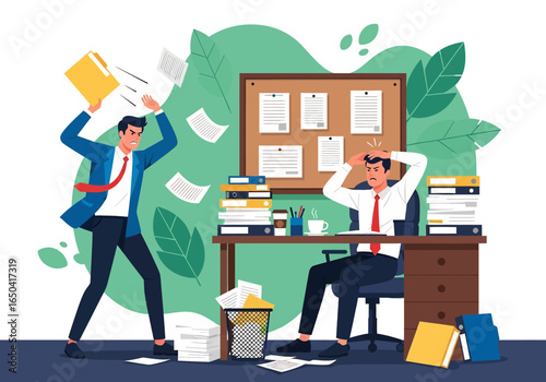 Flat illustration of angry businessman throwing folder at stressed coworker in messy office, symbolizing workplace conflict, pressure, overwork, frustration, anger management, and stress