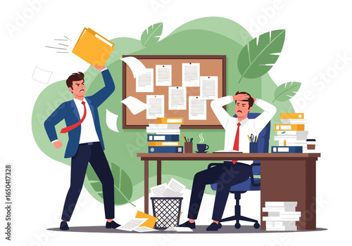 Flat illustration of angry businessman throwing folder at stressed coworker in messy office, symbolizing workplace conflict, pressure, overwork, frustration, anger management, and stress