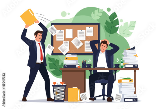 Flat illustration of angry businessman throwing folder at stressed coworker in messy office, symbolizing workplace conflict, pressure, overwork, frustration, anger management, and stress