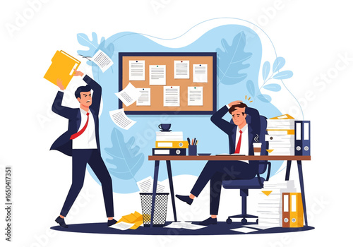 Flat illustration of stressed businessman with deadline pressure, burning clock, low energy, and stress meter, symbolizing workplace anxiety, burnout, overwork, mental health, and exhaustion