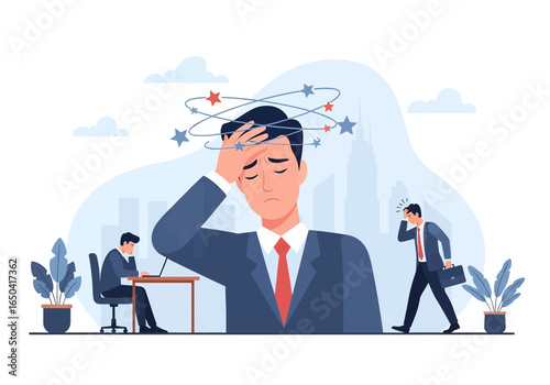Flat illustration of stressed businessman suffering from headache and burnout, overwhelmed with office work, deadlines, and mental fatigue, symbolizing workplace pressure and exhaustion
