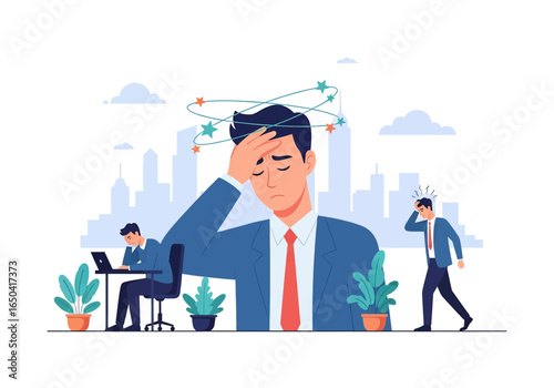 Flat illustration of stressed businessman suffering from headache and burnout, overwhelmed with office work, deadlines, and mental fatigue, symbolizing workplace pressure and exhaustion