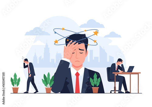 Flat illustration of stressed businessman suffering from headache and burnout, overwhelmed with office work, deadlines, and mental fatigue, symbolizing workplace pressure and exhaustion