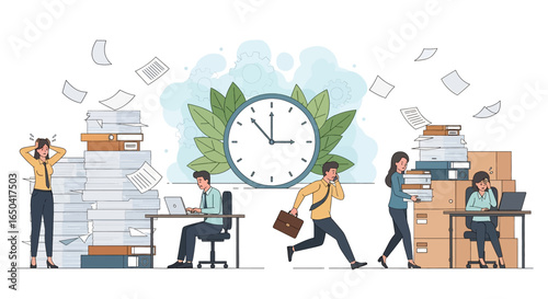 Flat illustration of office employees overwhelmed by paperwork and deadlines, showing stress, workload, time management issues, business pressure, productivity challenges, and workplace anxiety