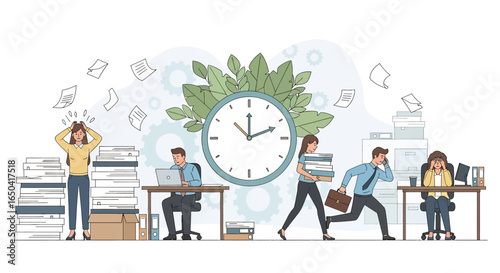 Flat illustration of office employees overwhelmed by paperwork and deadlines, showing stress, workload, time management issues, business pressure, productivity challenges, and workplace anxiety