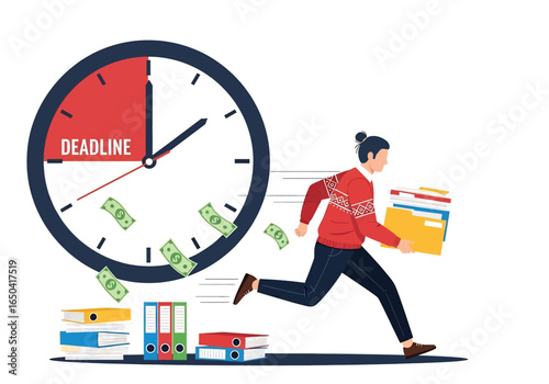 Flat illustration of businesswoman rushing with documents against big clock showing deadline, symbolizing stress, workload, time pressure, money loss, productivity challenges, and urgency