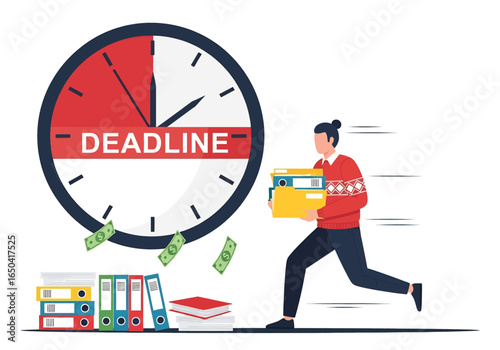 Flat illustration of businesswoman rushing with documents against big clock showing deadline, symbolizing stress, workload, time pressure, money loss, productivity challenges, and urgency