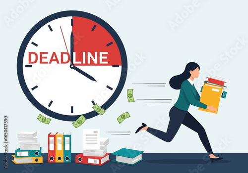 Flat illustration of businesswoman rushing with documents against big clock showing deadline, symbolizing stress, workload, time pressure, money loss, productivity challenges, and urgency