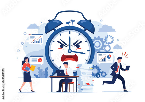 Flat illustration of business stress and deadline pressure with angry alarm clock, office workers rushing, paperwork piles, charts, and time urgency symbolizing workload, anxiety, and productivity