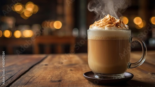 Frothy Malaysian teh tarik in a clear glass mug with steam, rustic wooden table and blurred café background, photorealistic.