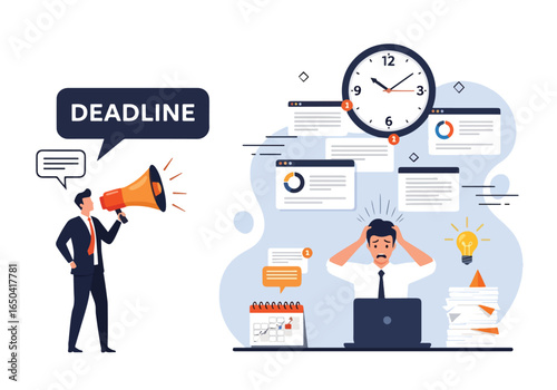 Flat illustration of stressed businessman at office desk overwhelmed by deadline, boss shouting with megaphone, paperwork, clock, reports, anxiety, time pressure, corporate stress, and workload