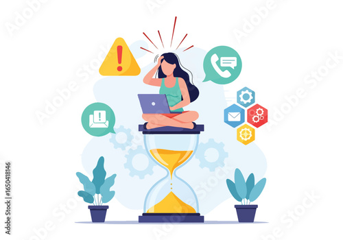 Flat illustration of stressed woman sitting on hourglass with laptop, overwhelmed by deadline pressure, multitasking, workload, time management challenges, and office productivity stress
