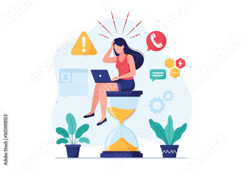 Flat illustration of stressed woman sitting on hourglass with laptop, overwhelmed by deadline pressure, multitasking, workload, time management challenges, and office productivity stress