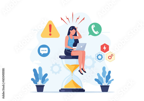 Flat illustration of stressed woman sitting on hourglass with laptop, overwhelmed by deadline pressure, multitasking, workload, time management challenges, and office productivity stress
