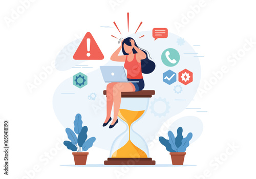 Flat illustration of stressed woman sitting on hourglass with laptop, overwhelmed by deadline pressure, multitasking, workload, time management challenges, and office productivity stress