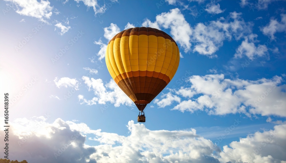 Naklejka premium Majestic hot air balloon floating peacefully in a beautiful blue sky with fluffy clouds