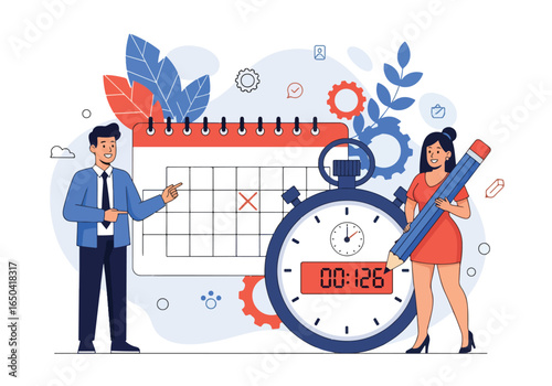Flat illustration of people planning schedule with big calendar, pencil, and stopwatch, symbolizing time management, deadline reminder, productivity, teamwork, and project organization