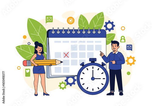 Flat illustration of people planning schedule with big calendar, pencil, and stopwatch, symbolizing time management, deadline reminder, productivity, teamwork, and project organization