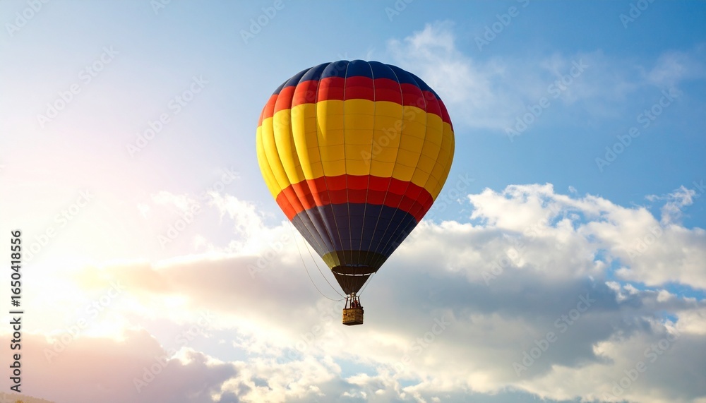 Fototapeta premium Colorful hot air balloon flying high in the sunny sky for a concept of freedom and adventure.