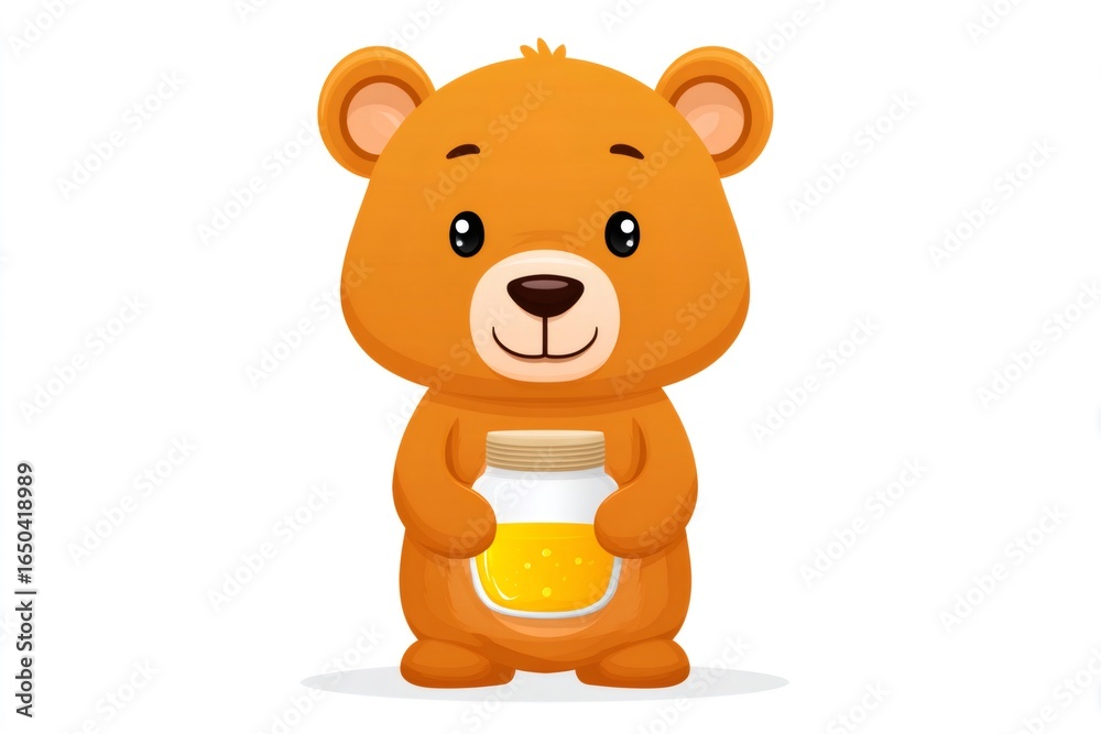 Fototapeta premium Adorable brown bear cub holding honey jar, smiling cartoon character