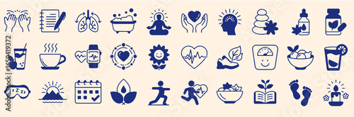 Wellness and Self-Care Icons Set – Healthy Lifestyle, Fitness, Relaxation, and Mindfulness Vector Illustration